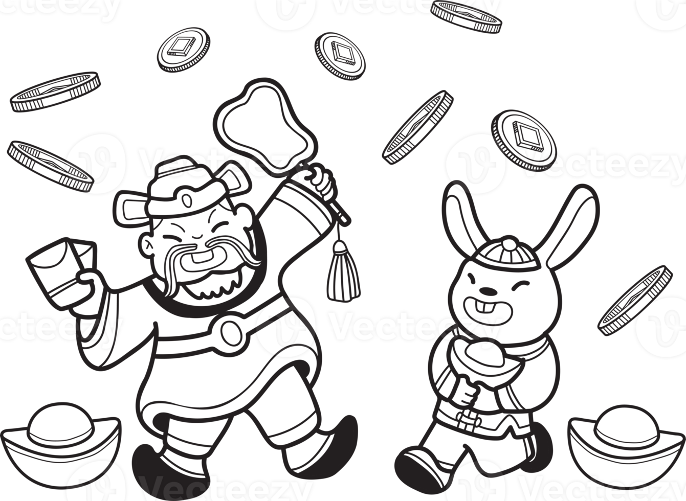 Hand Drawn Chinese Wealth God and Rabbit illustration png