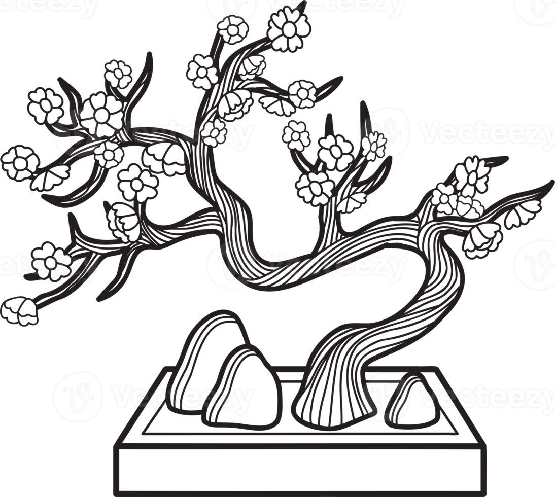 árvore bonsai desenhada à mão com ilustração de pedras png