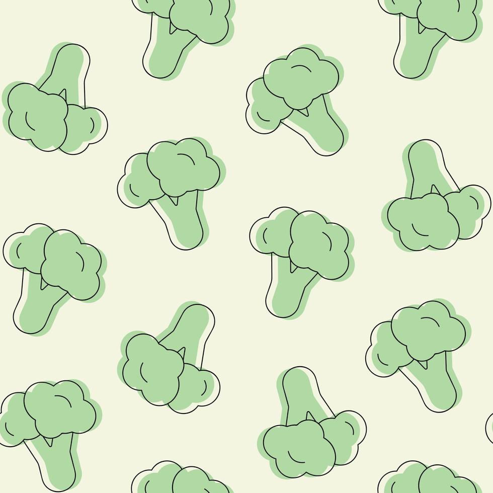 Seamless pattern with one line cartoon minimalist broccoli. Vegan healthy food pattern for nutritionist. Green vegetables vector print for wrapping paper.