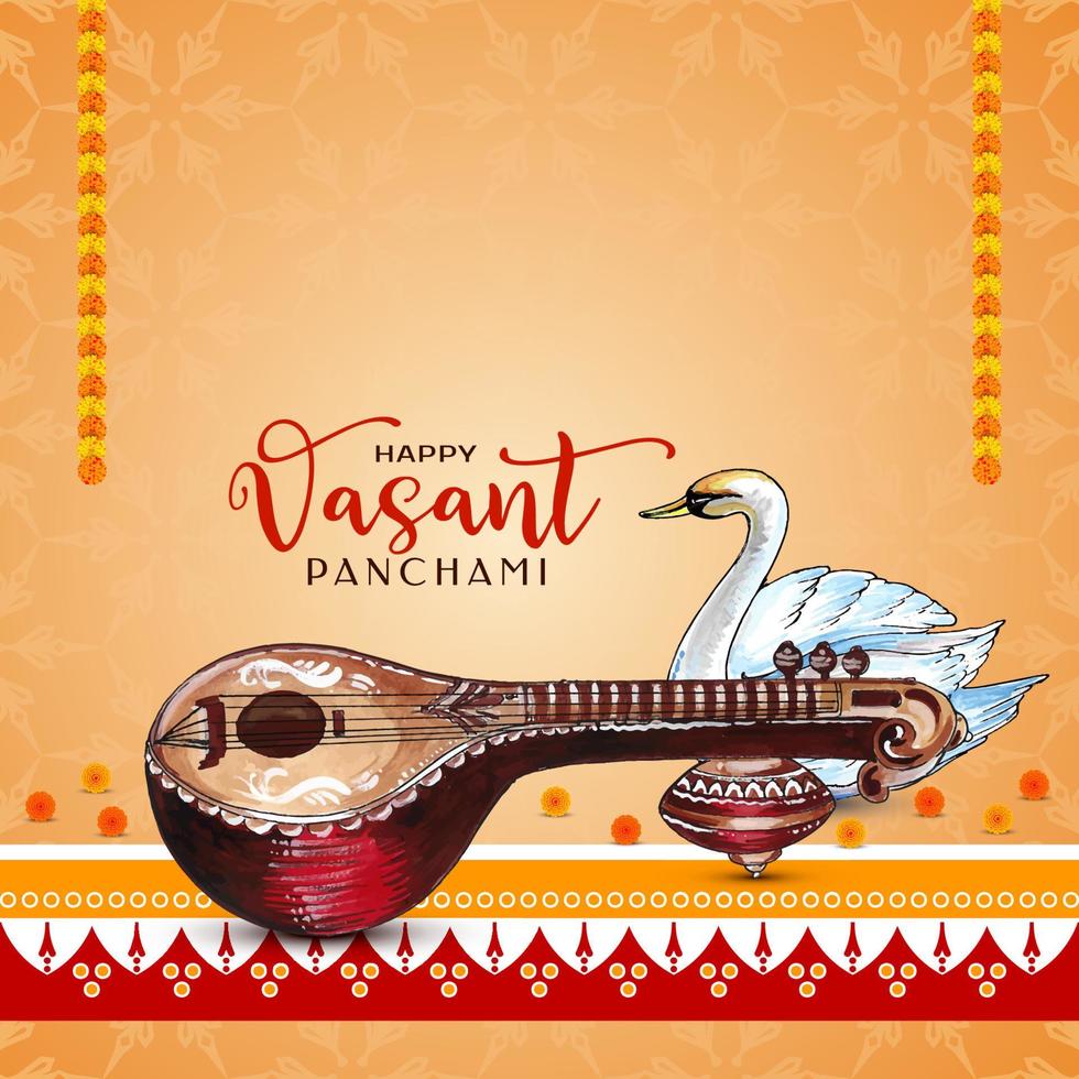 feliz festival vasant panchami tarjeta elegante con instrumento musical veena vector