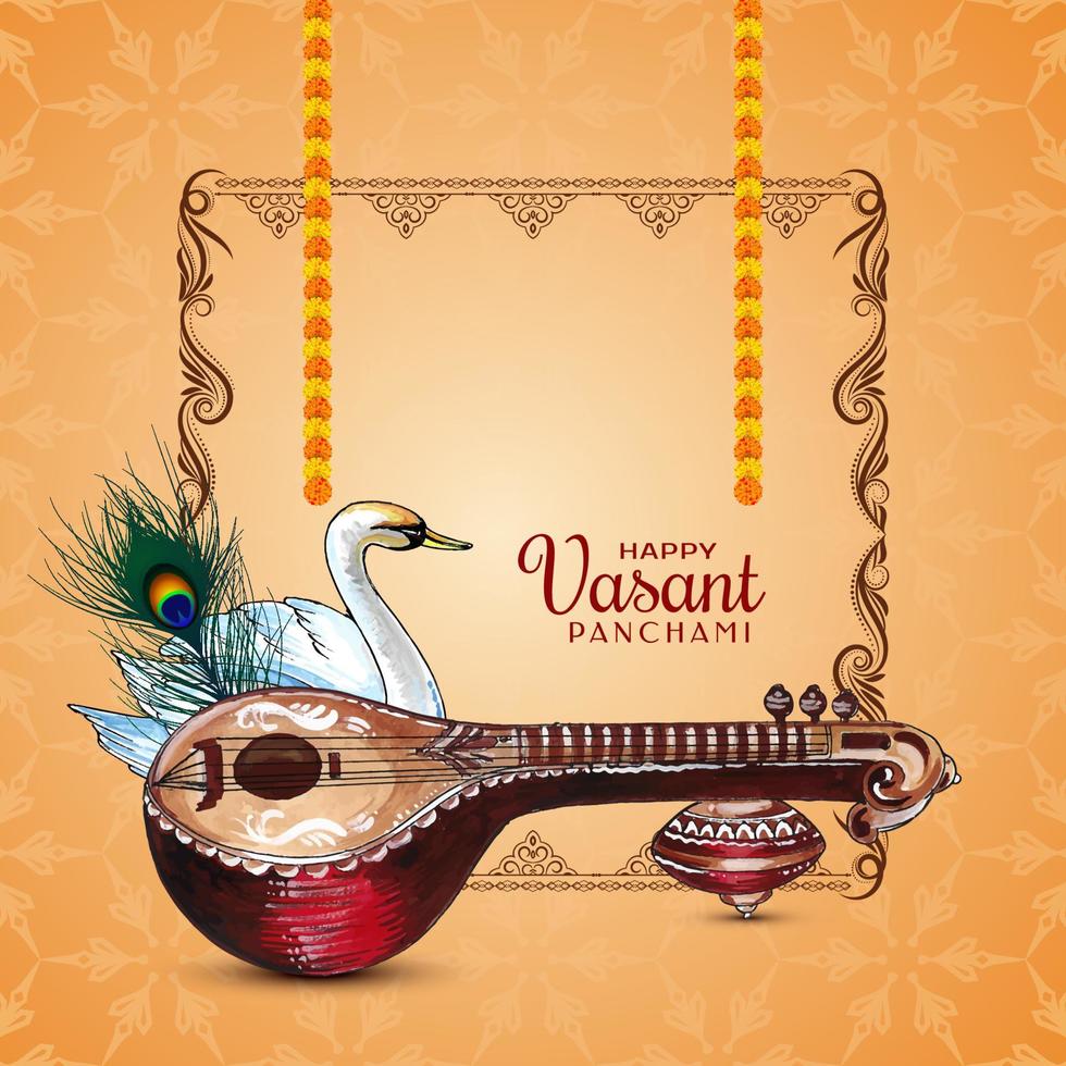 feliz tarjeta del festival vasant panchami con un hermoso diseño de veena vector