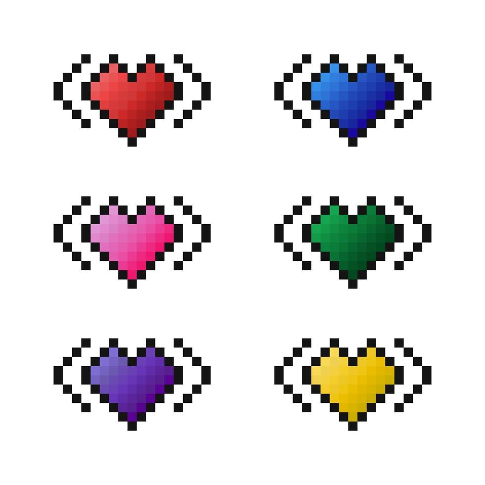 Set of vector pixel art icons colorful hearts. Red, pink, purple, blue, green, yellow heart pictures on the white background. Elements for game, design, illustrations in cartoon style