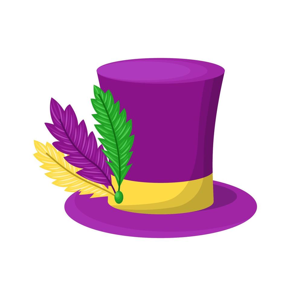 Vector cartoon cylinder hat with feathers. Mardi Gras costume accessory isolated on white background