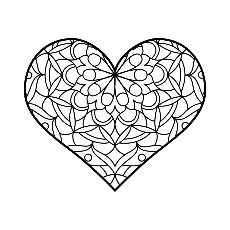 Vector heart shape for coloring. Lineart mandala geometric and floral ornaments. Valentine's coloring