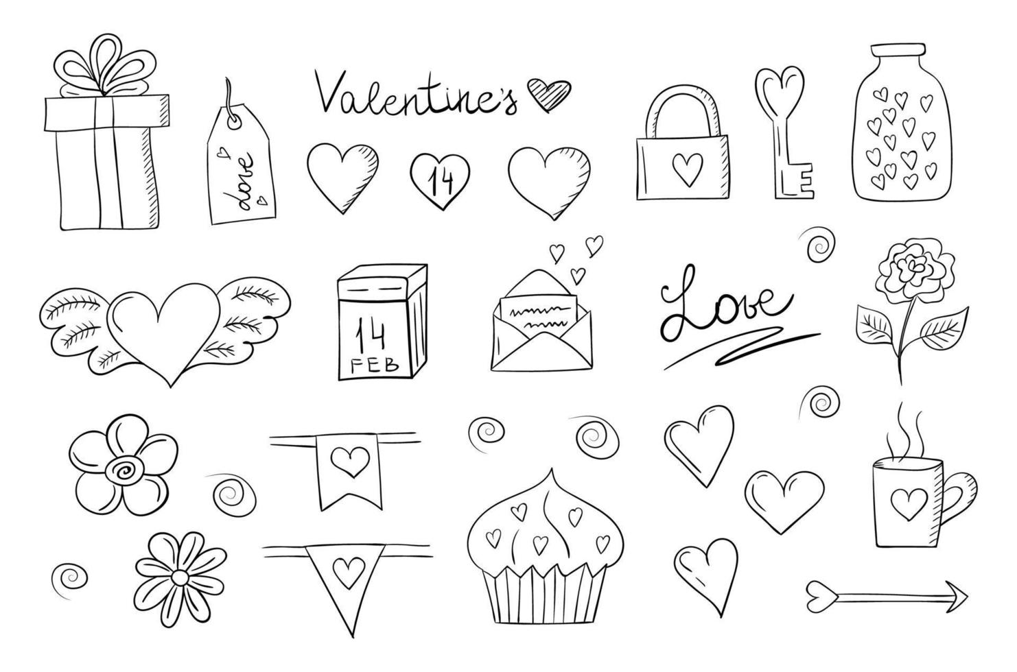 Valentines day vector doodle set. Black and white hand drawn elements for 14 February.