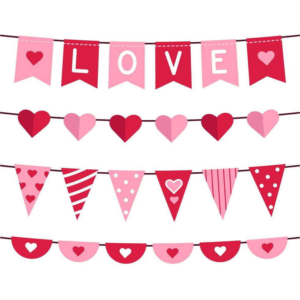 Vector set of flags garland for Valentine's day. Isolated cartoon pennant variations on white background