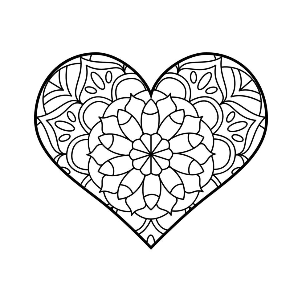 Vector heart shape coloring with mandala. Linear geometric and floral ornaments.