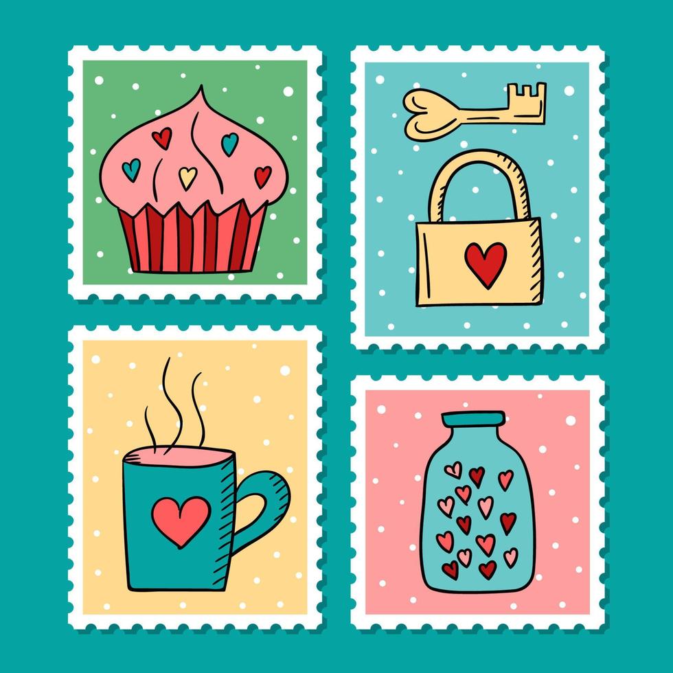 Vector doodle stamps for Valentine's Day. Isolated postal marks set with cartoon illustrations for 14th February