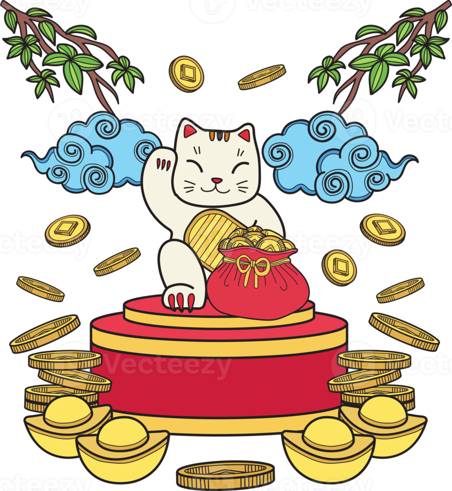 Hand Drawn lucky cat with money illustration 17182400 PNG