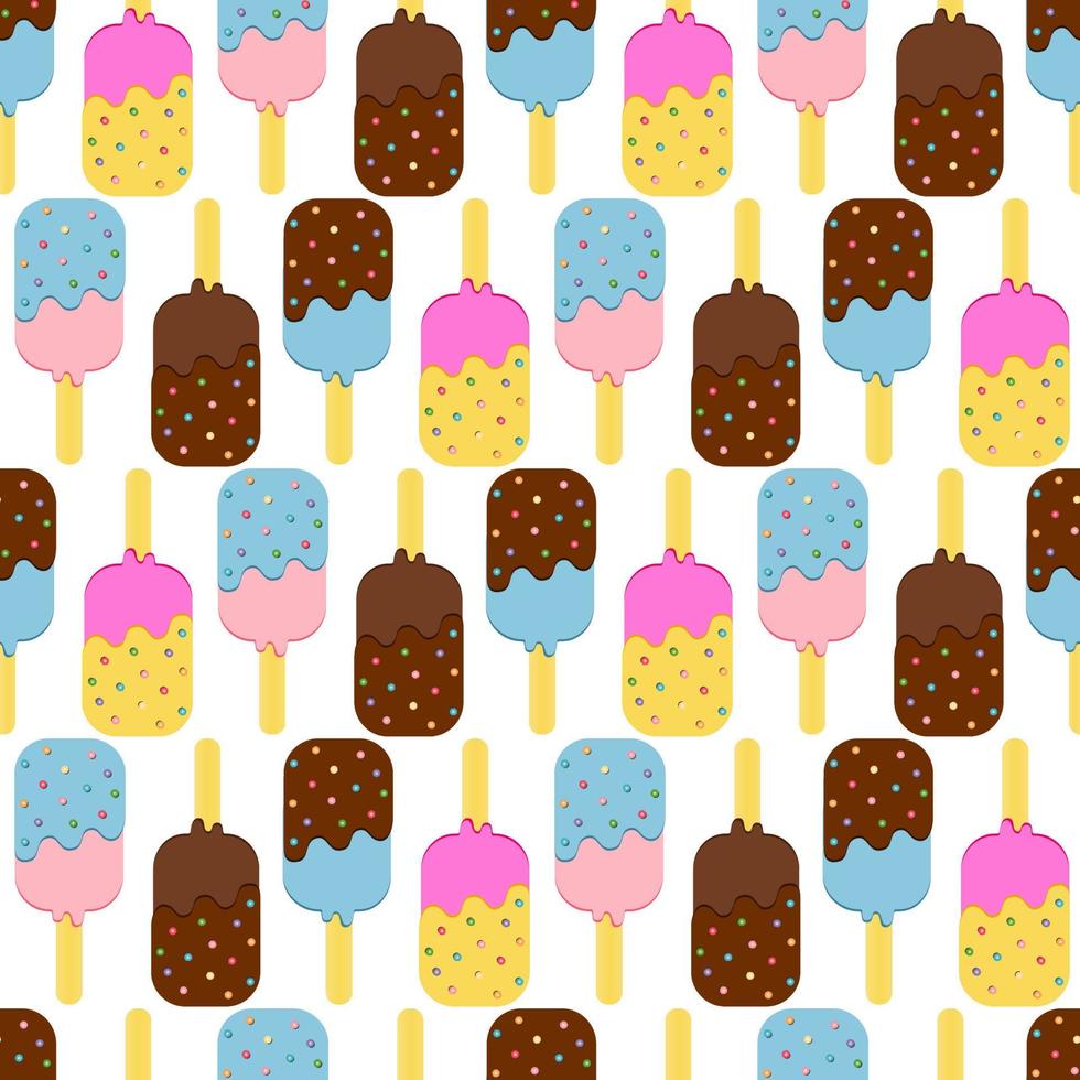 Seamless Colorful Ice Cream Pattern. Ice Cream Dessert on a Wooden Stick. Vector illustration.