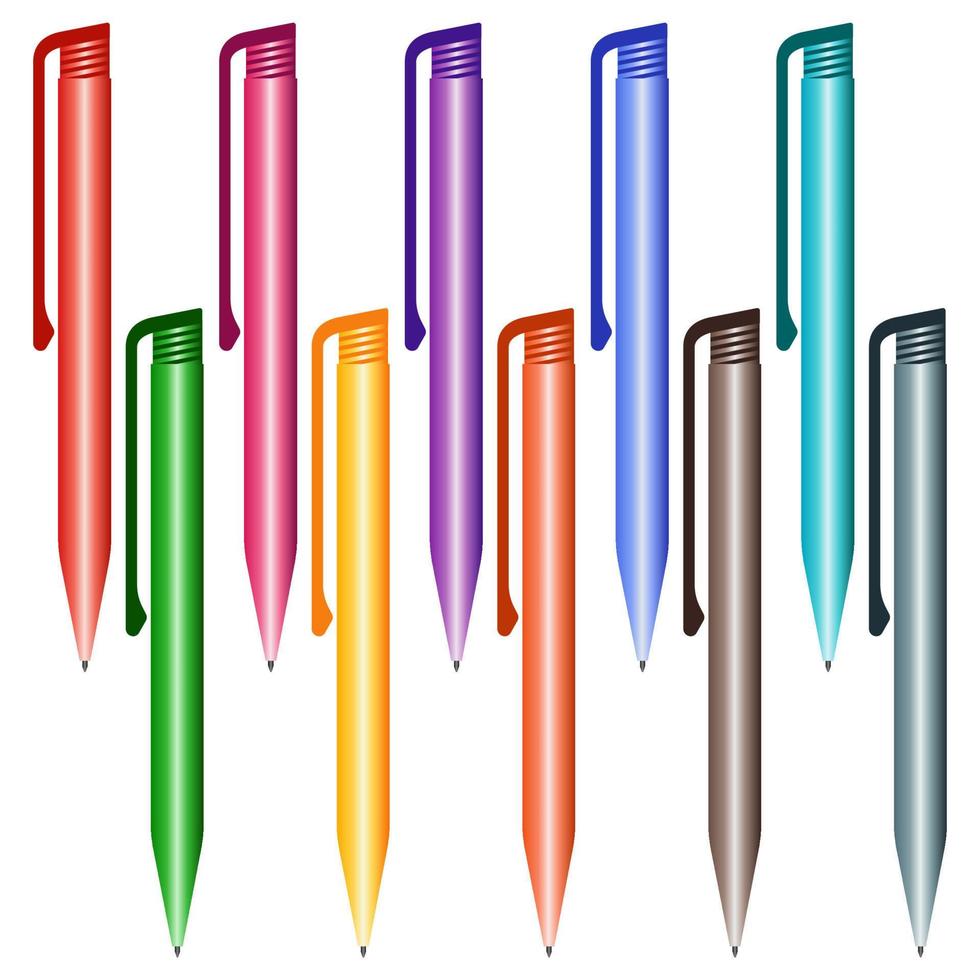 Set of multi-colored pens on a white background. Vector illustration.