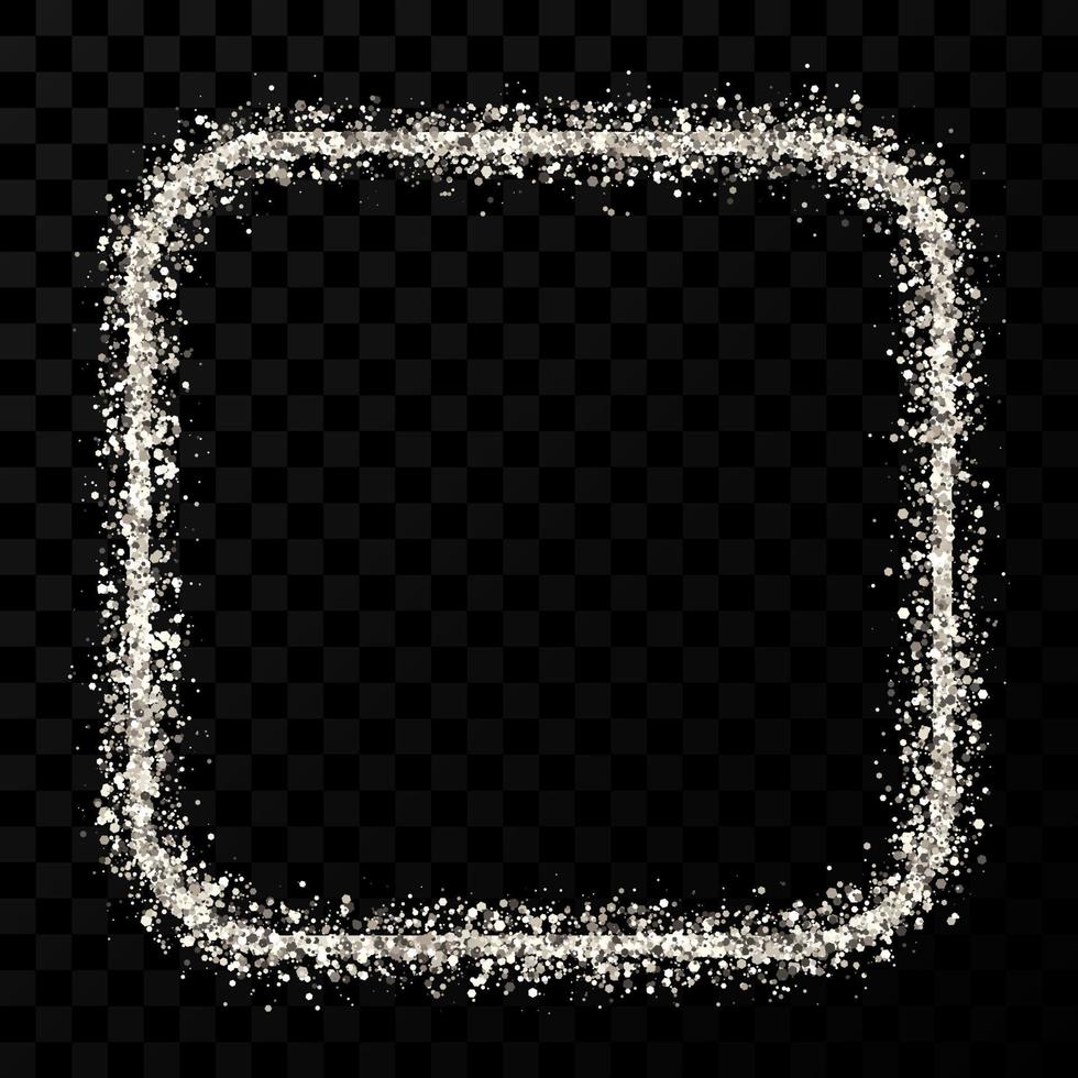 Silver glitter frame. Square with rounded corners frame with shiny sparkles on dark transparent background. Vector illustration