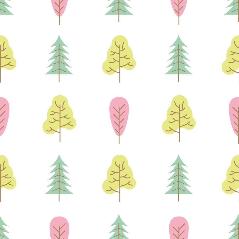 Seamless pattern with colored trees on white background. Vector illustration.