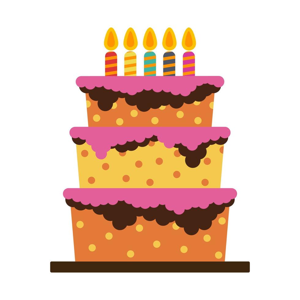 Sweet birthday cake with five burning candles. Colorful holiday dessert. Vector celebration background.