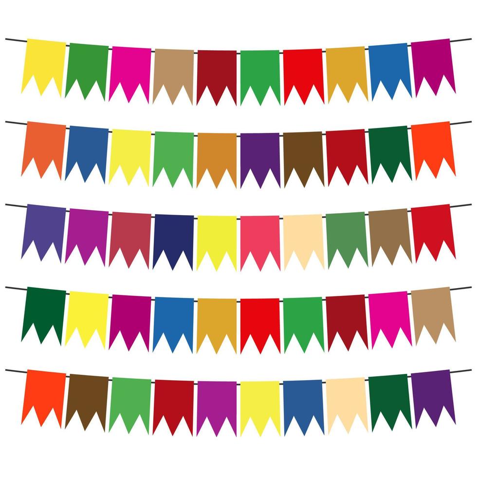 Colorful flags and bunting garlands for decoration. Decor elements with various patterns. Vector illustration