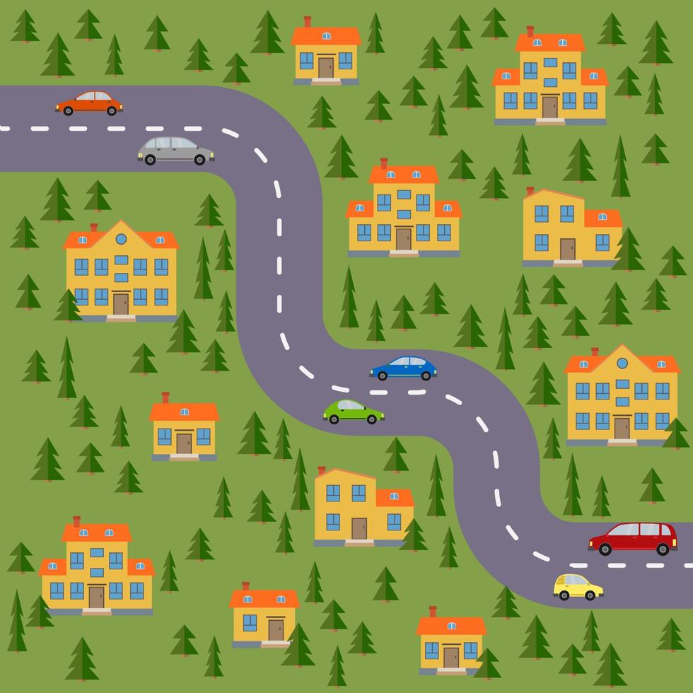 Plan of village. Landscape with the road, forest, cars and houses. Vector illustration