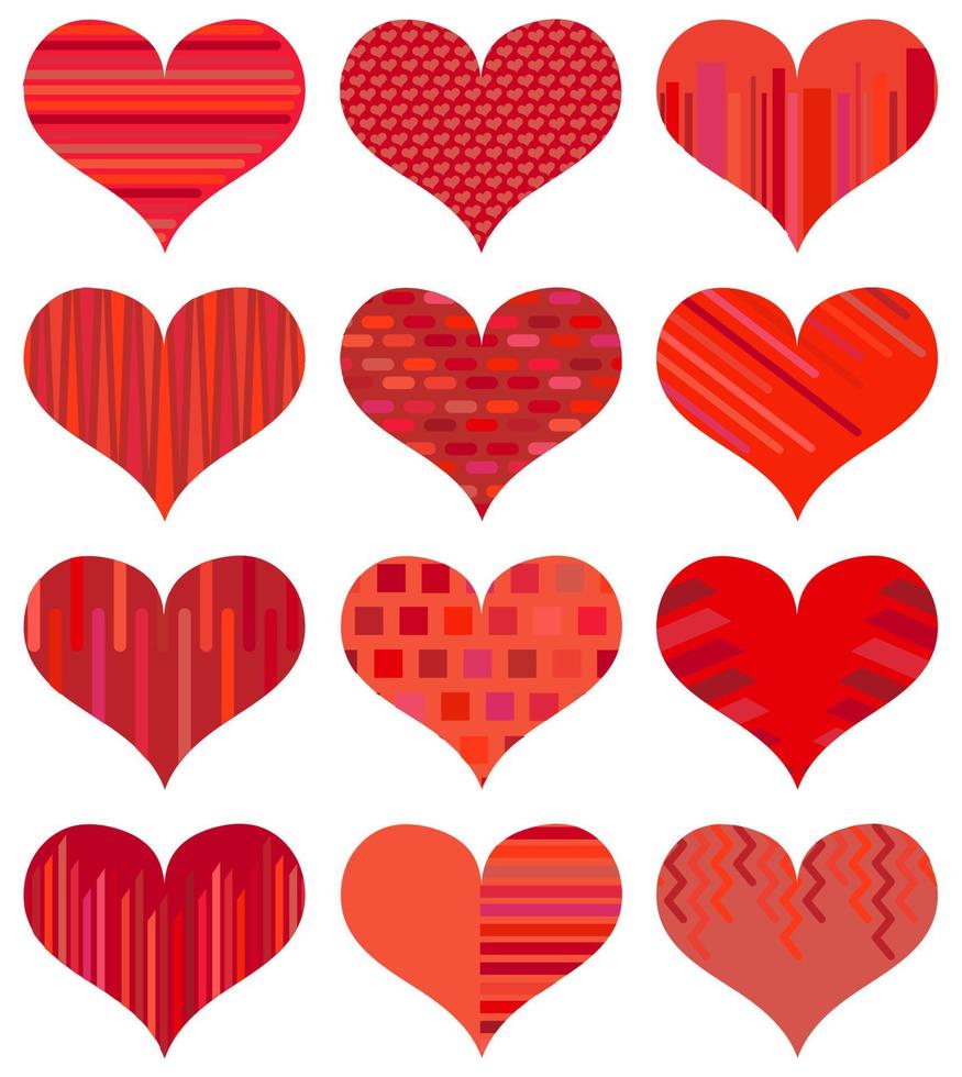 conjunto de diferentes corazones rojos. doce corazones aislados sobre fondo blanco. símbolo de amor. elementos para la plantilla de boda. vector