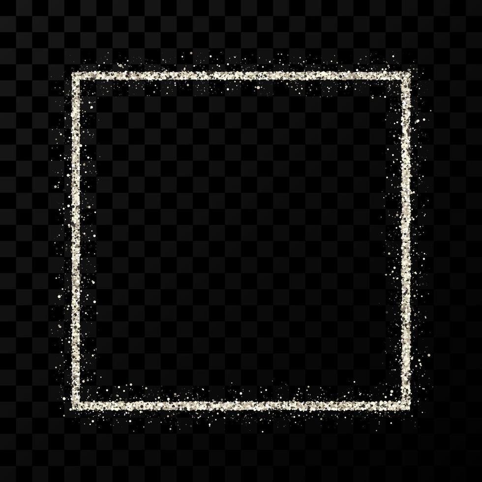 Silver glitter frame. Square frame with shiny sparkles on dark transparent background. Vector illustration