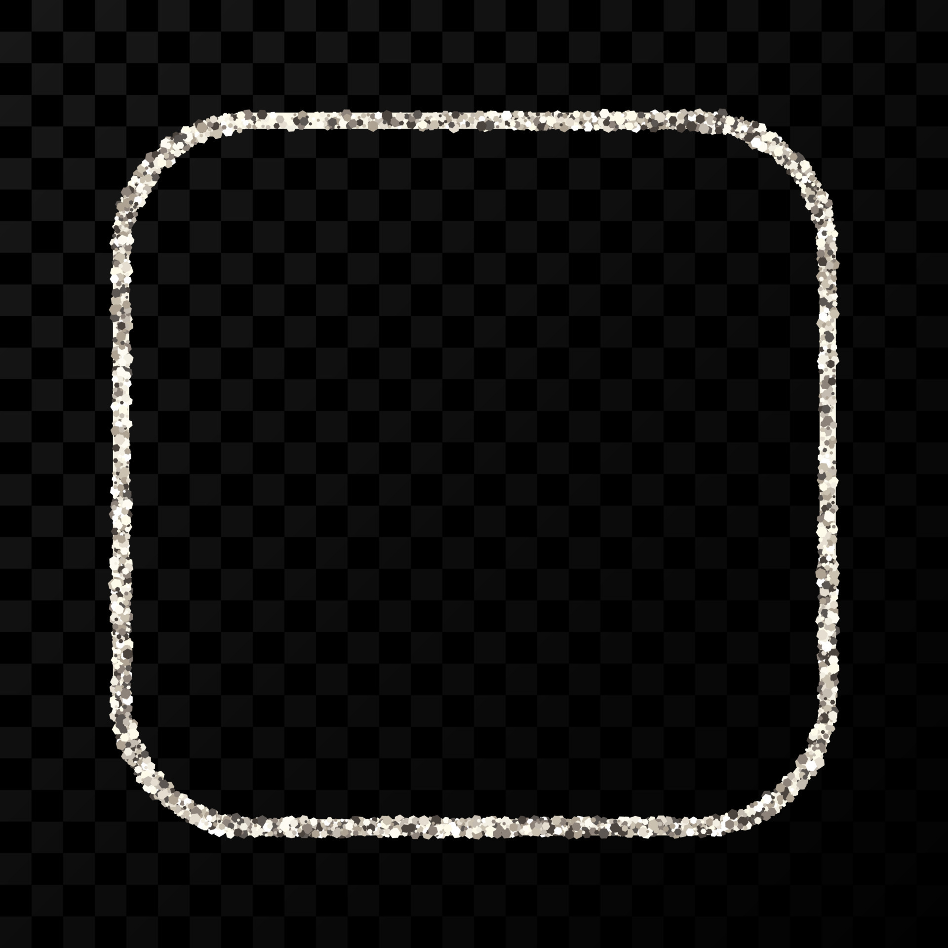 Silver glitter frame. Square with rounded corners frame with shiny sparkles on dark transparent