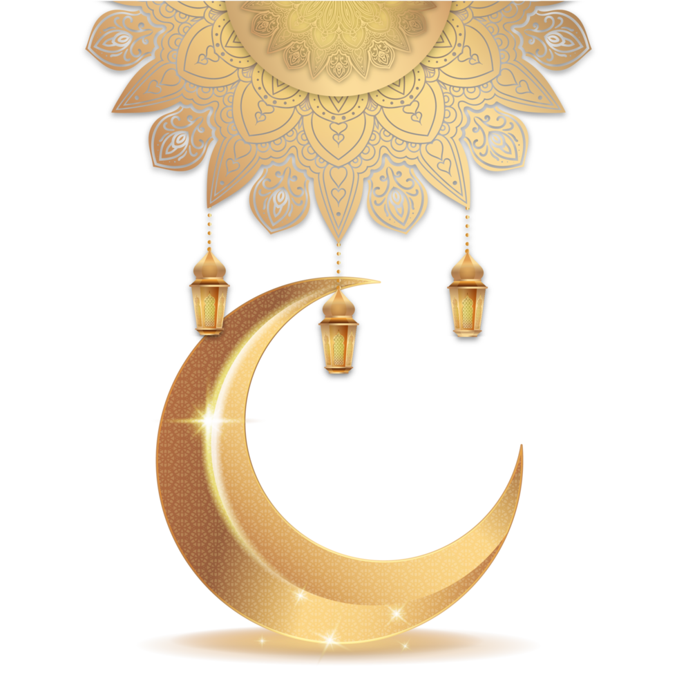 ornement islamique avec croissant de lune doré, mandala et lanterne png