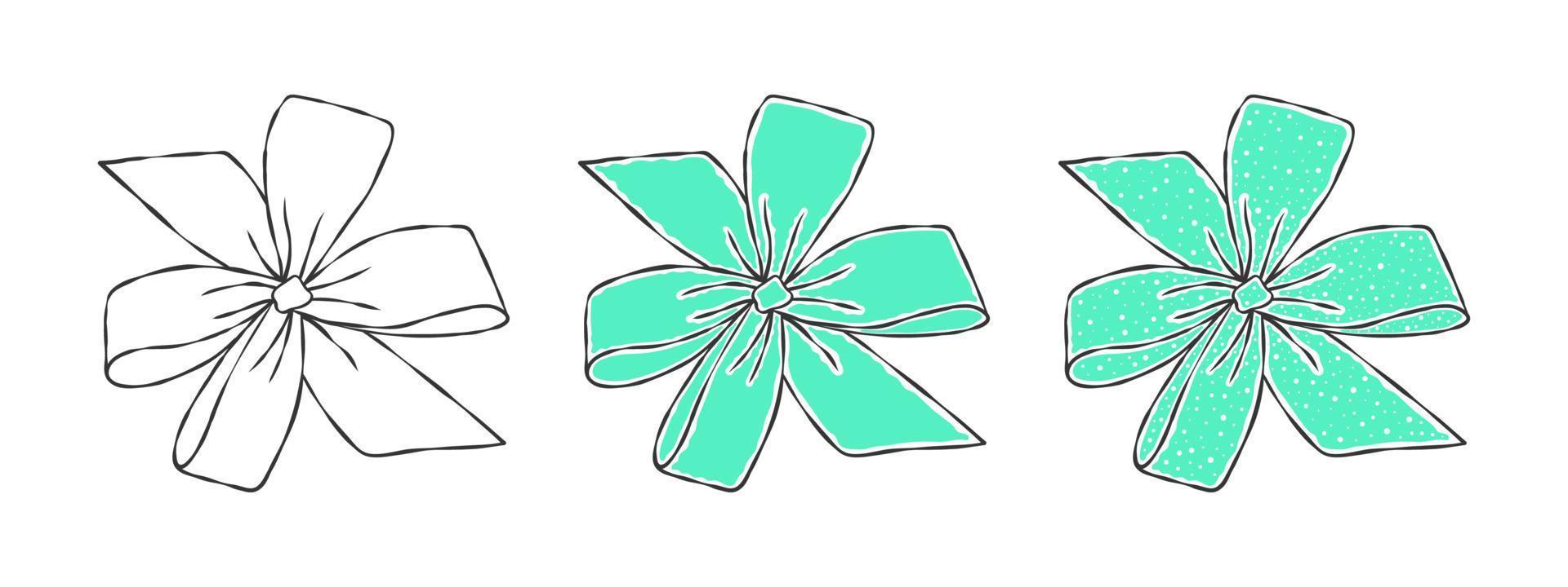 Bows. Hand drawn light green bow. Decorative birthday holiday ribbons. Vector illustration