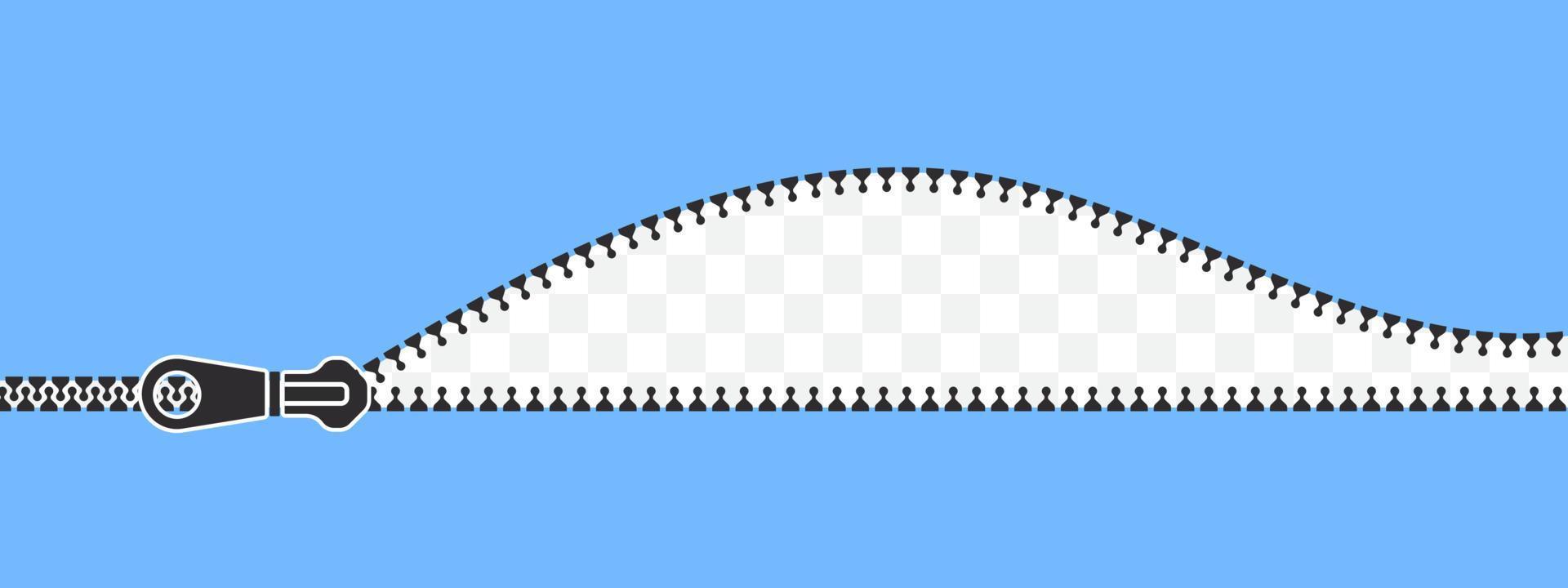 Zip closure. Closed and open zipper. Light blue background with clasp