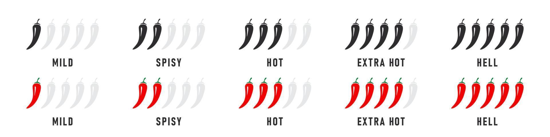 Spicy level labels. Chili spicy meter. Red spicy chili peppers. Spicy and hot. Vector illustration