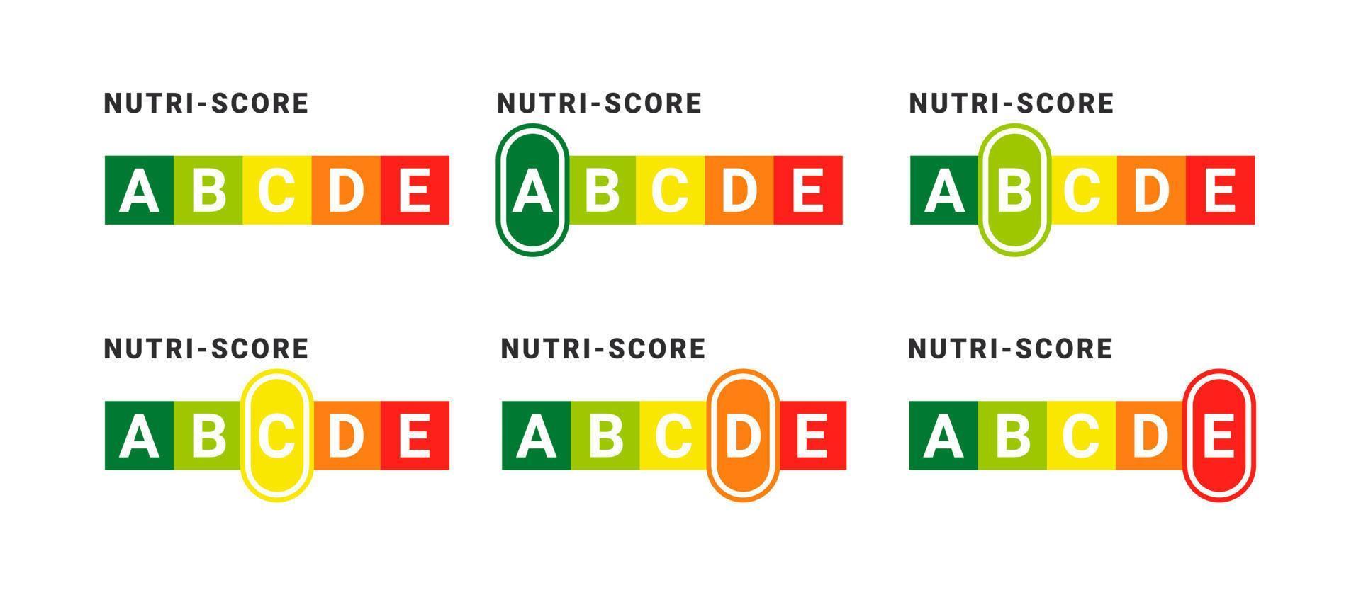 Nutri-score badges concept. Food rating system signs. Health care nutrition indicator. Nutri-score stickers. Vector illustration