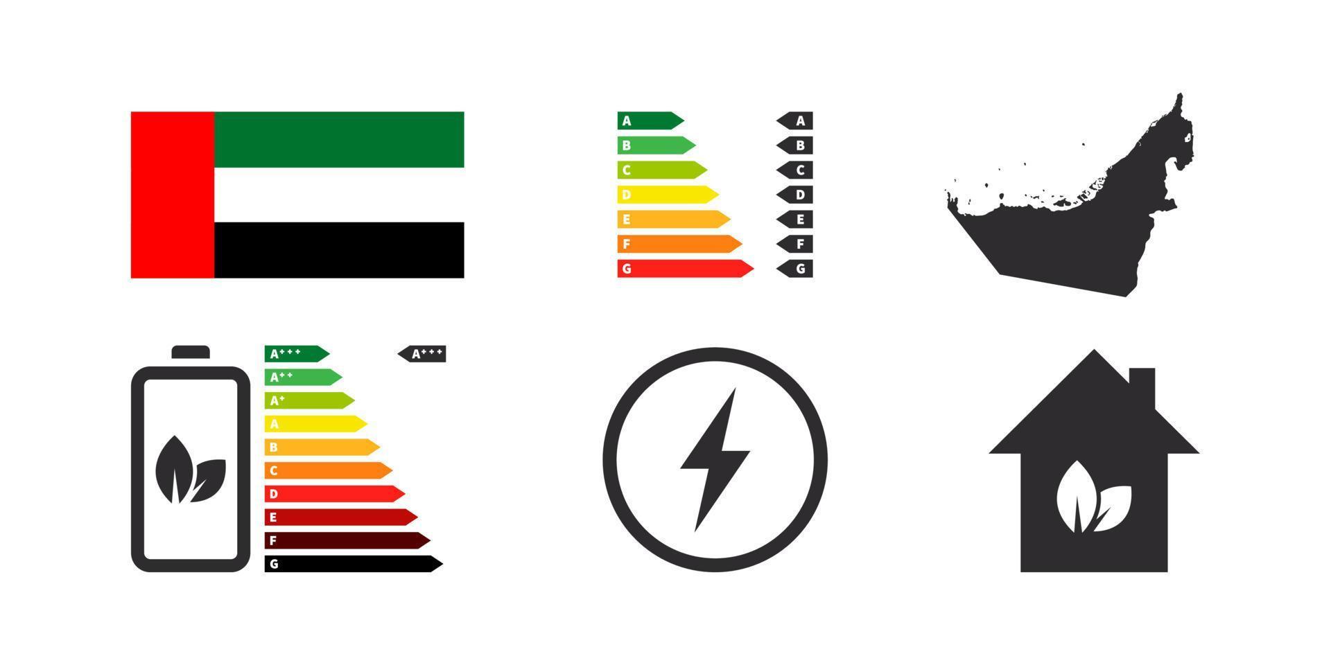 Energy efficiency badges of the United Arab Emirates. Energy Performance icons. Energy rating chart. Vector illustration