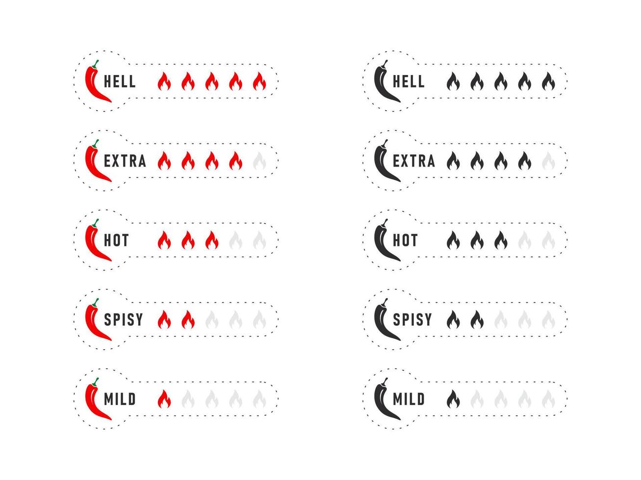 Spicy levels icons set. Hot natural chili pepper symbols. Spicy and hot. Vector illustration