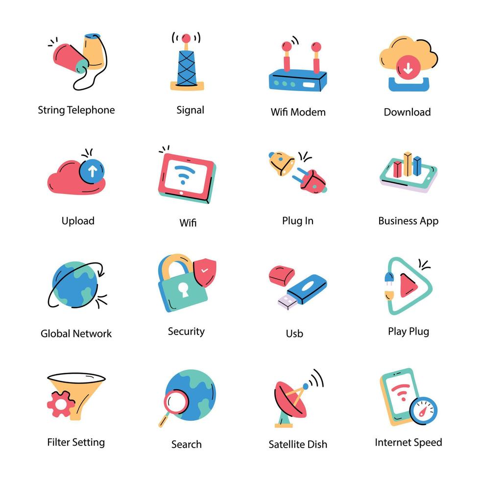 Pack of Network Hand Drawn Icons vector