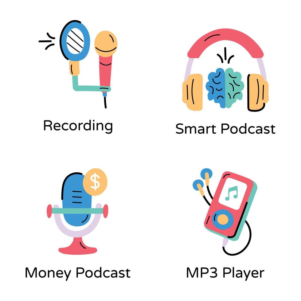 conjunto de iconos dibujados a mano de servicios de podcast vector