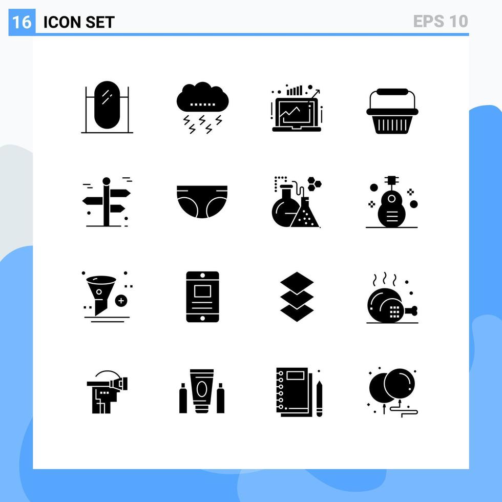 Solid Glyph Pack of 16 Universal Symbols of trolley cart thunder basket market Editable Vector Design Elements