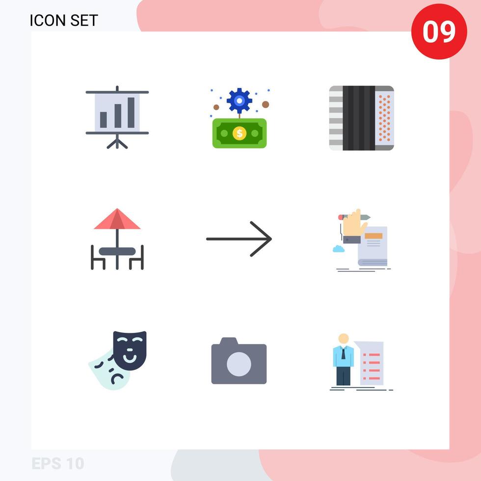 Pack of 9 Modern Flat Colors Signs and Symbols for Web Print Media such as education arrow audio table dinner Editable Vector Design Elements