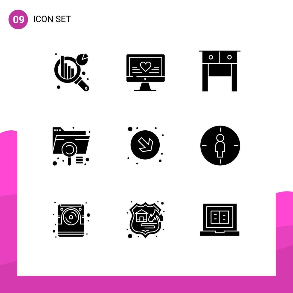 Pack of 9 Modern Solid Glyphs Signs and Symbols for Web Print Media such as right arrow drawer file document Editable Vector Design Elements