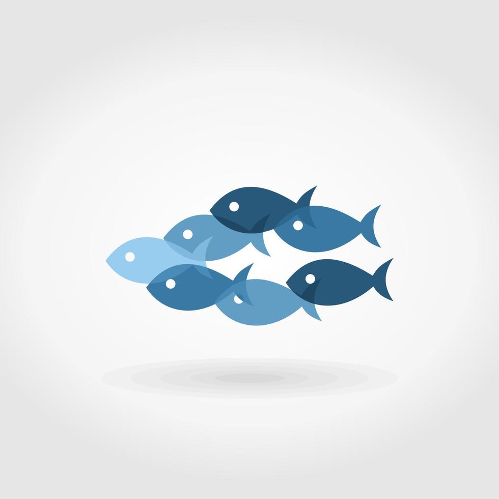 The flight of fishes floats on a grey background. A vector illustration