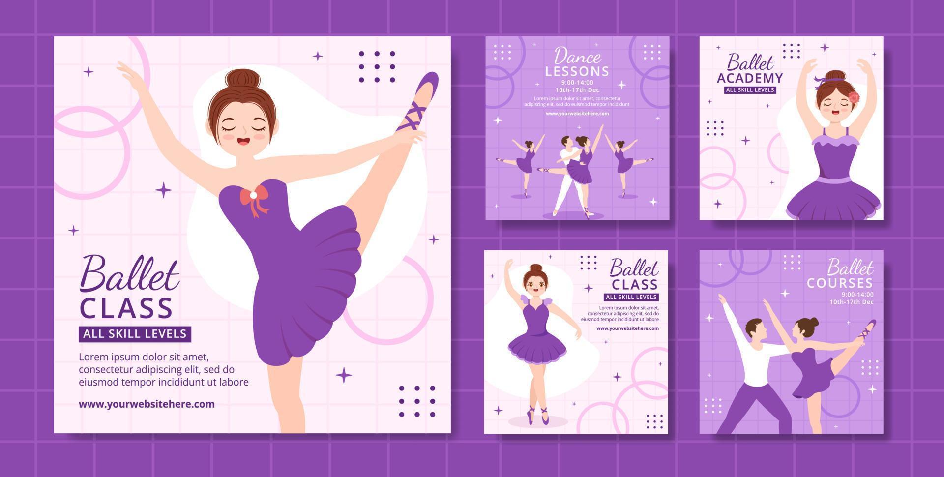 ilustración de plantillas dibujadas a mano de dibujos animados planos de publicación de redes sociales de ballet o bailarina vector