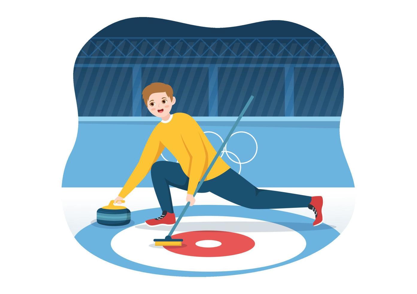 ilustración de deporte de curling con juego de equipo de rocas y escoba en anillo de hielo rectangular en plantilla dibujada a mano de dibujos animados planos de campeonato vector