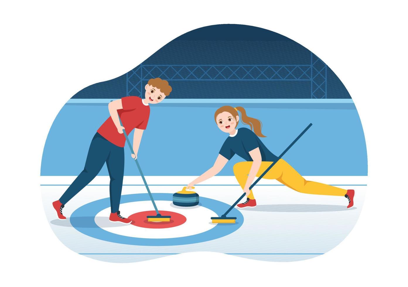 ilustración de deporte de curling con juego de equipo de rocas y escoba en anillo de hielo rectangular en plantilla dibujada a mano de dibujos animados planos de campeonato vector