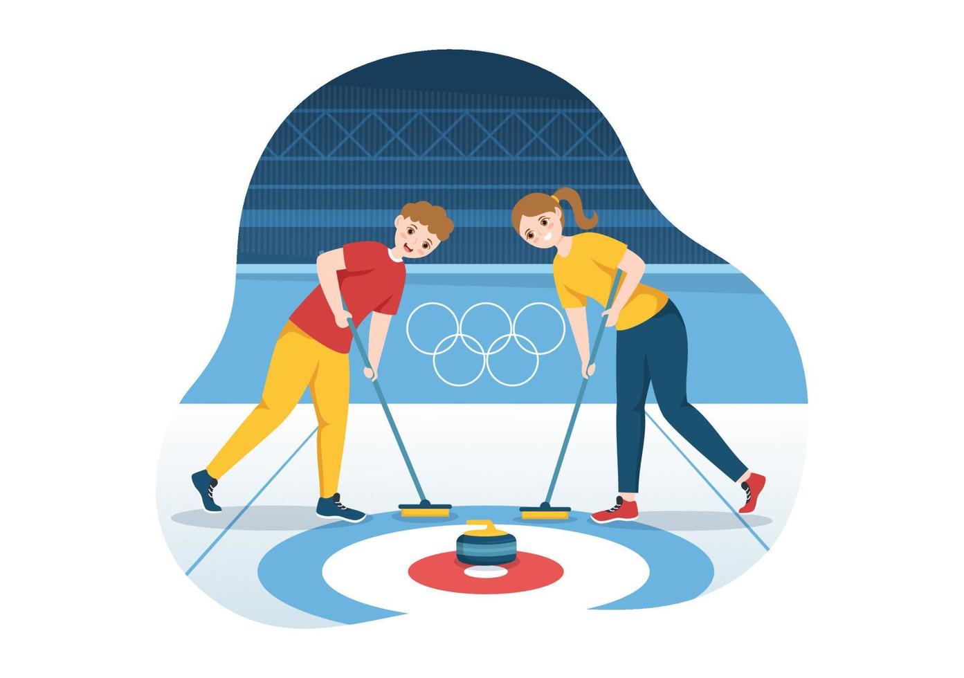 ilustración de deporte de curling con juego de equipo de rocas y escoba en anillo de hielo rectangular en plantilla dibujada a mano de dibujos animados planos de campeonato vector