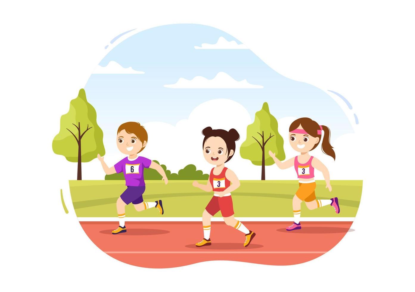 ilustración de carrera de maratón con niños corriendo, trotando en un torneo deportivo y corriendo para llegar a la línea de meta en una plantilla plana dibujada a mano vector
