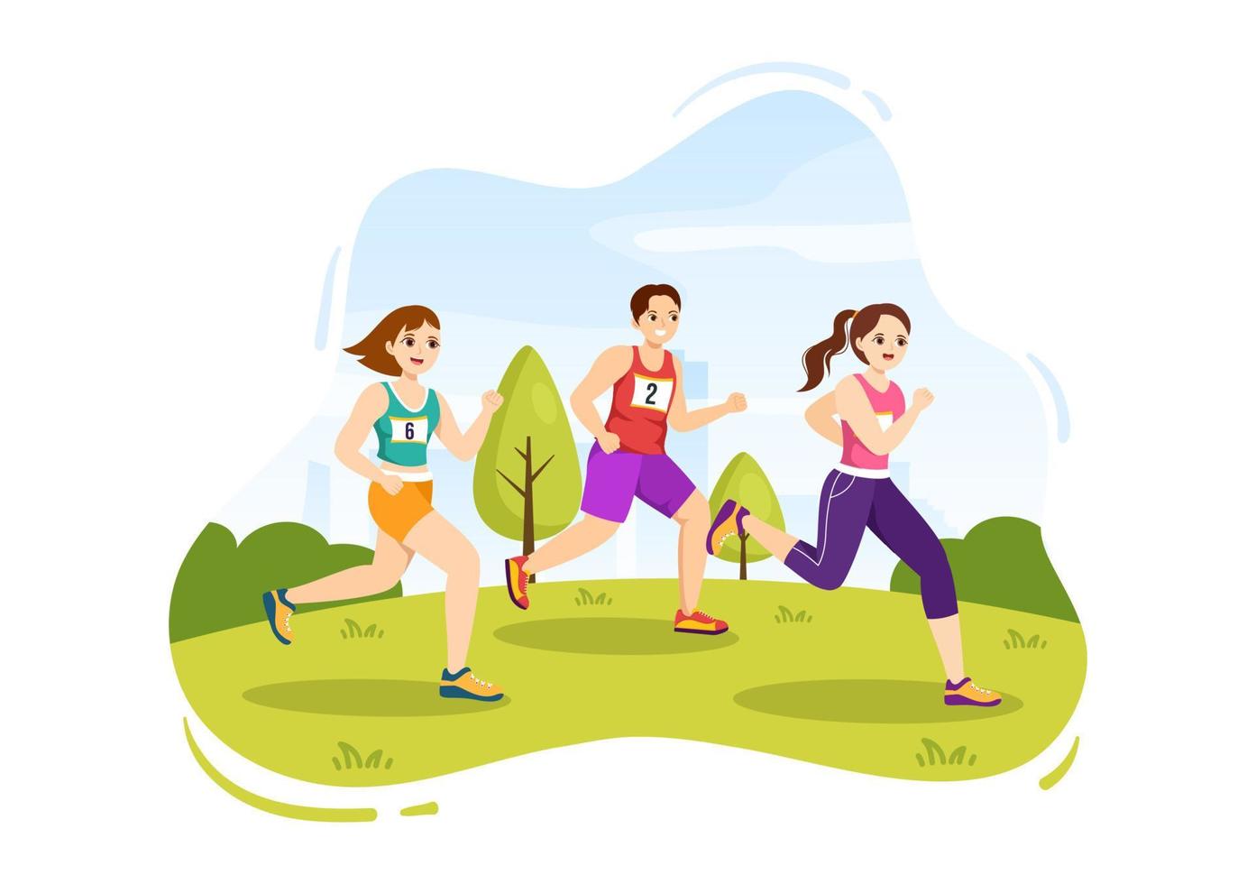 ilustración de carrera de maratón con gente corriendo, trotando en un torneo deportivo y corriendo para llegar a la línea de meta en una plantilla plana dibujada a mano vector