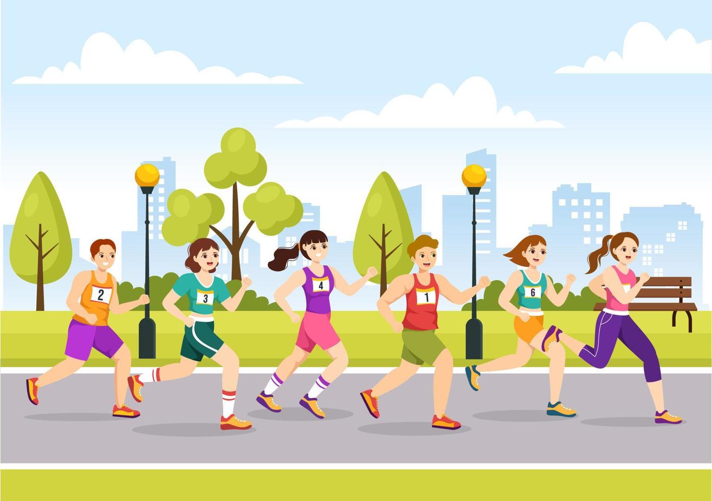 ilustración de carrera de maratón con gente corriendo, trotando en un torneo deportivo y corriendo para llegar a la línea de meta en una plantilla plana dibujada a mano vector