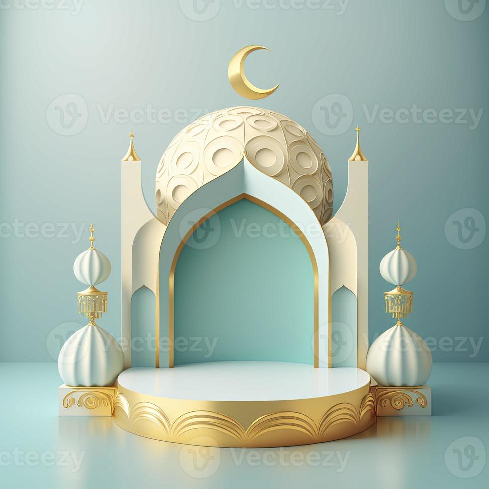 Islamic theme product display background in 3d rendering illustration design, Mosque portal frame with podium or stage and empty space. photo