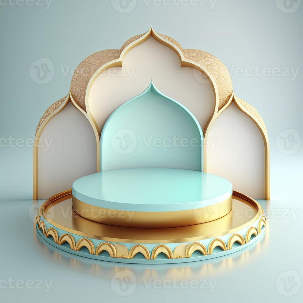 Islamic ramadan podium background of futuristic and modern 3d realistic mosque with scene and stage for product display photo