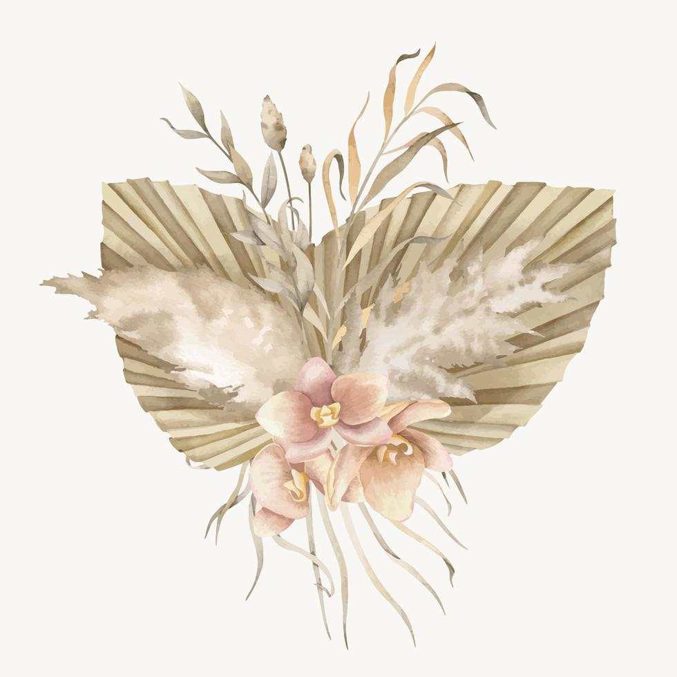 Watercolor Bouquet of Flowers with dried Palm Leaves and Orchids in boho style. Hand drawn floral illustration of tropical plants with pampas grass in beige pastel colors for wedding invitations. vector