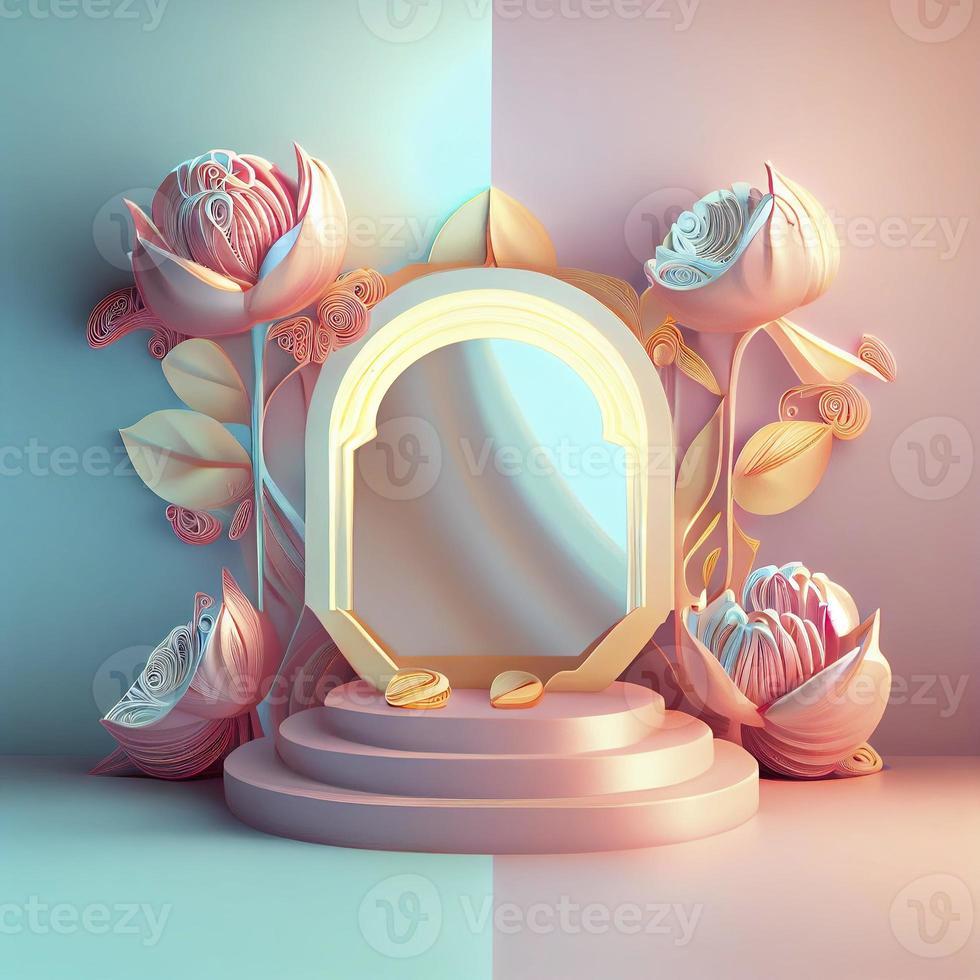 Ilustración 3d de podio con adorno floral para promoción de productos. foto