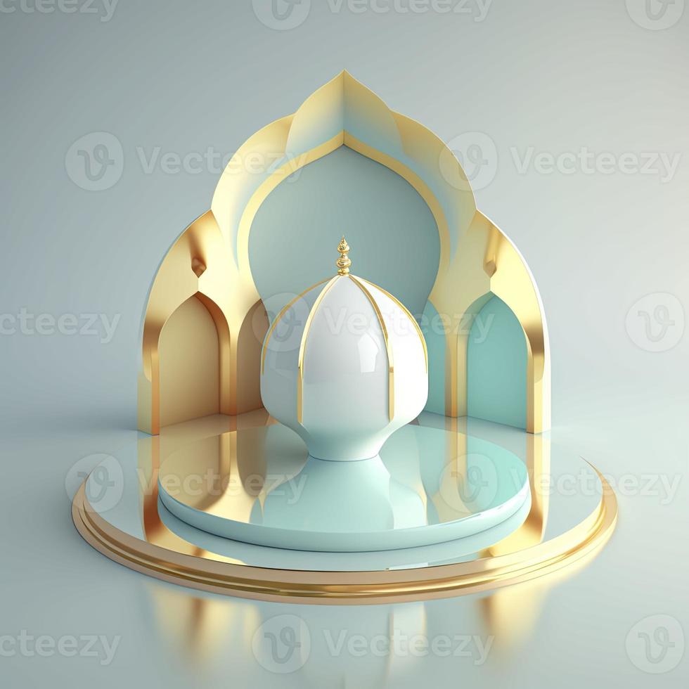 Islamic ramadan podium background of futuristic and modern 3d realistic mosque with scene and stage for product display photo