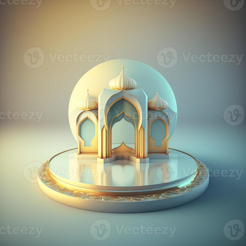 Islamic ramadan podium background of futuristic and modern 3d realistic mosque with scene and stage for product display photo