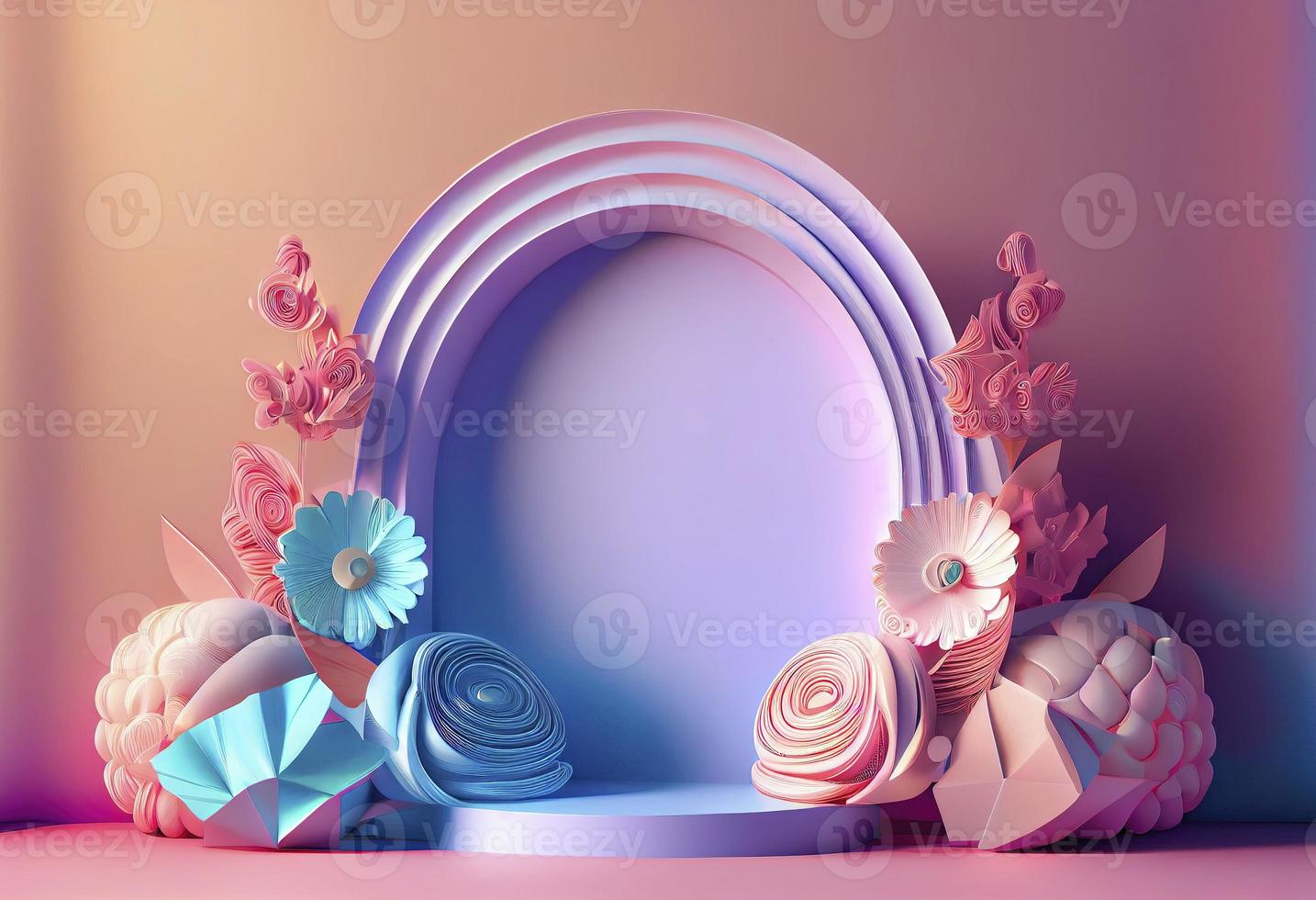 Ilustración 3d de podio con adorno floral para promoción de productos. foto